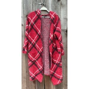 Joseph A Hooded Cardigan XL‎ Red Plaid Open Front Sweater Coat Duster